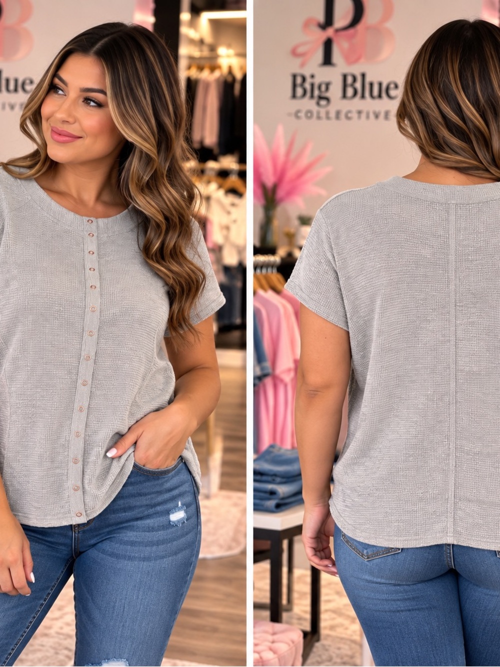 Zenana Outfitters Short-Sleeve Button-Front Top - Light Gray